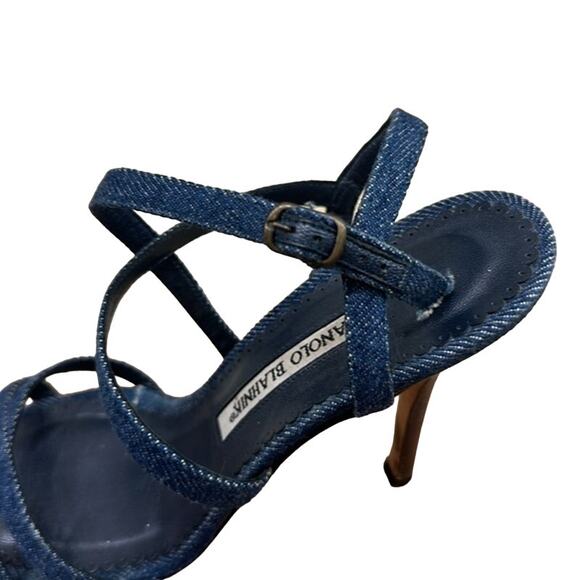 Manolo Blahnik Denim Crossover Heels - Picture 7 of 11